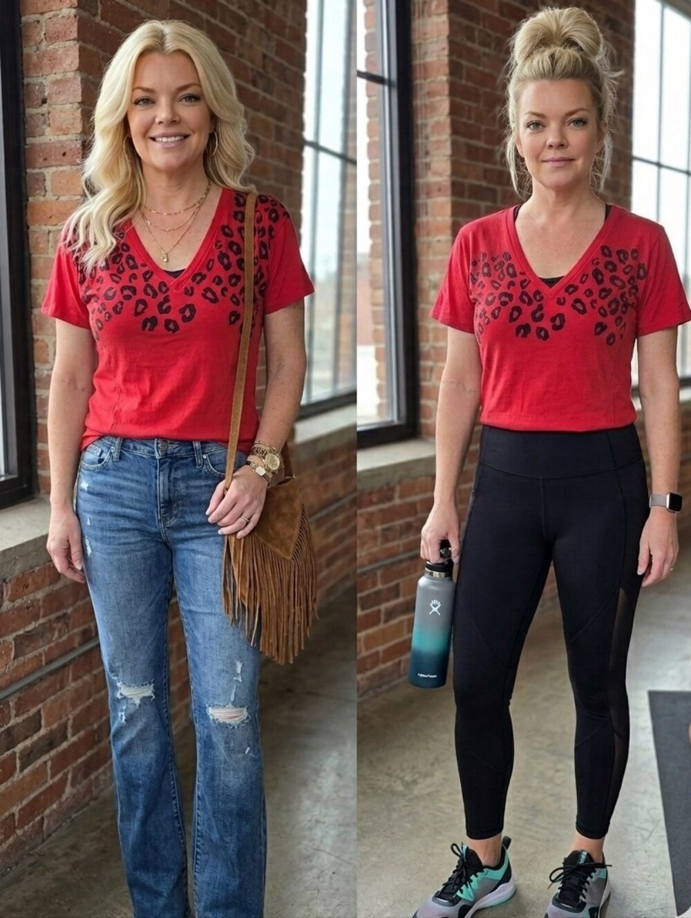 Red Leopard V-Neck Tee - Women